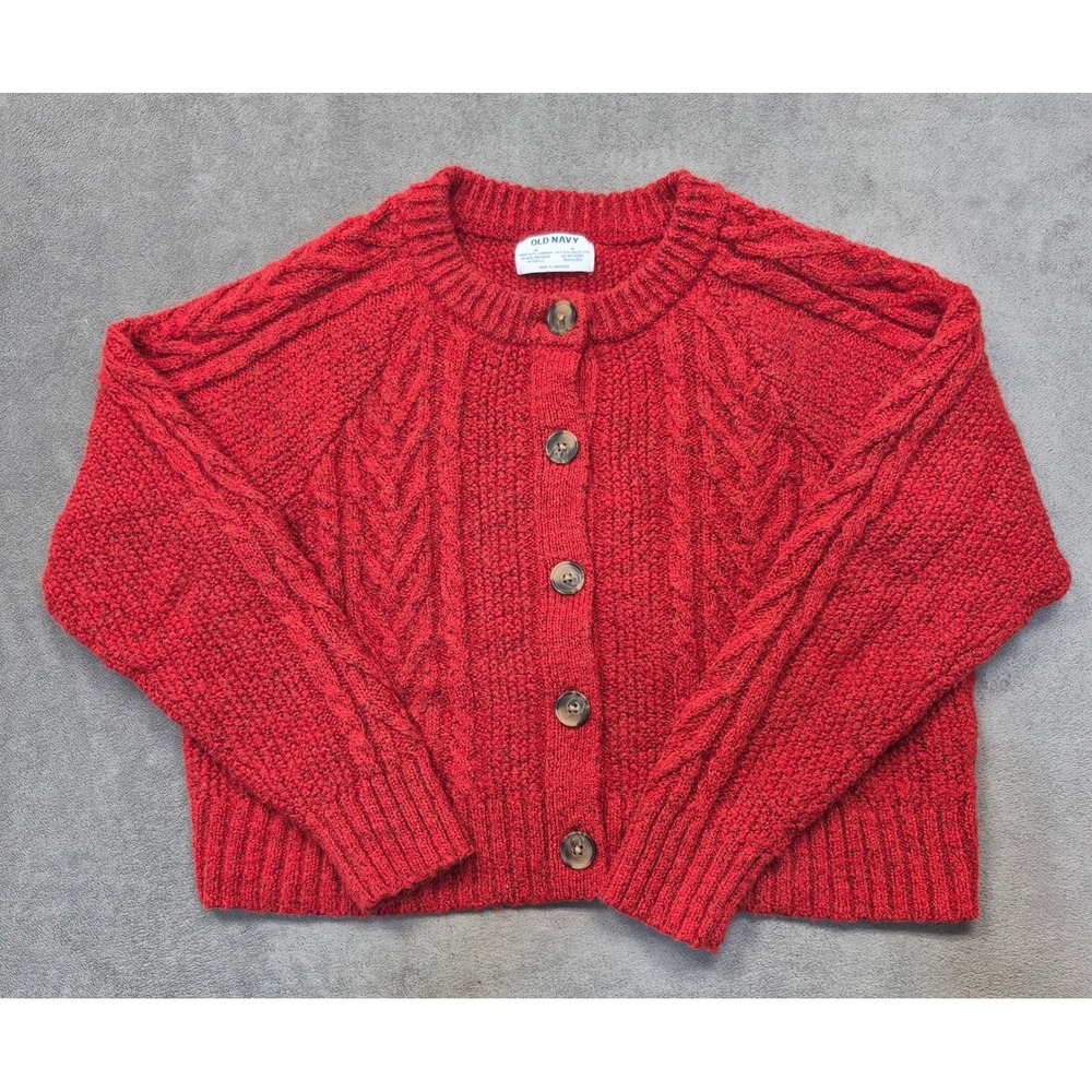 Old Navy Womens M Red Cable Knit Cropped Cardigan Sweater Button Front Preppy
